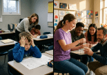 Left side shows a frustrated boy at his desk with hands on head, teacher helping another student; right side shows a group of diverse students smiling and engaged in a classroom activity with a teacher.