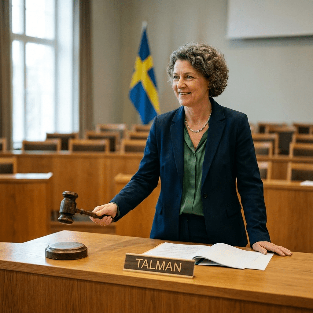 Person in courtroom blazer holding gavel above sounding block labeled Ordförande
