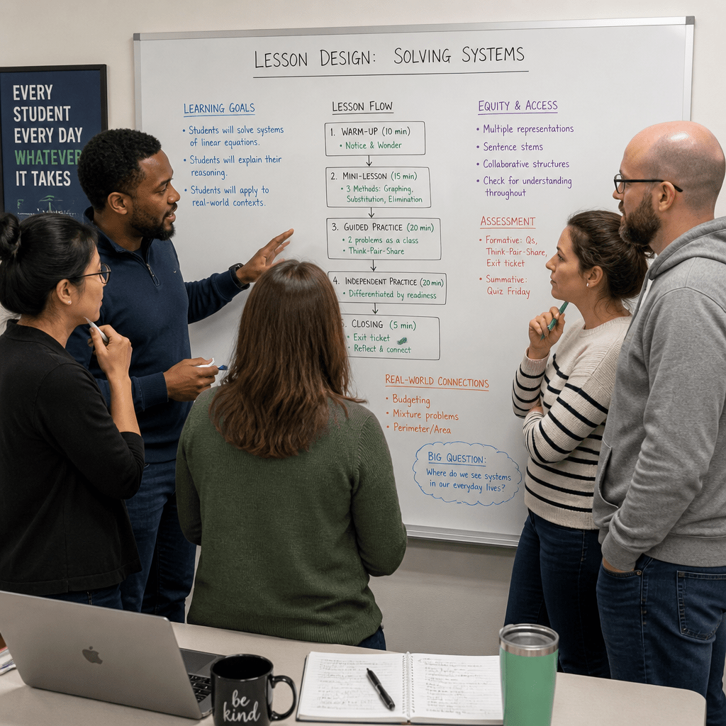 Educators reviewing a whiteboard lesson design for solving systems