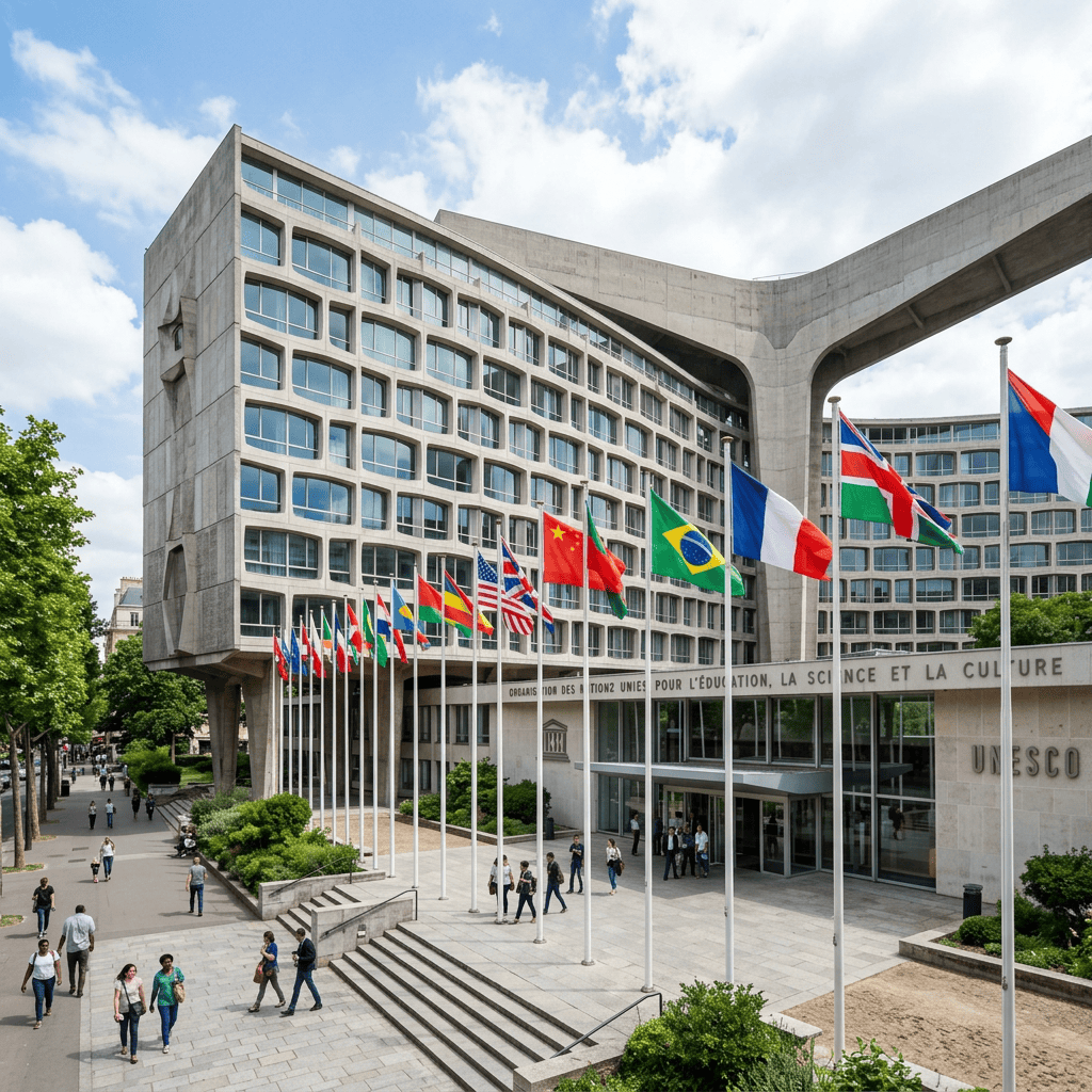 UNESCO headquarters with international flags outside